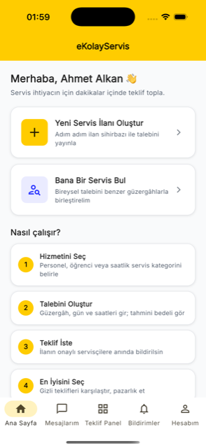 eKolayServis müşteri ana ekranı — yeni servis ilanı oluşturma